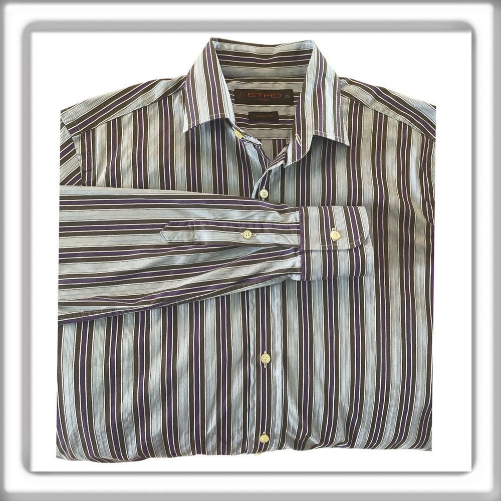 Etro Slim Fit Stripe Button Up Dress Shirt Blue Made in ltaly Size 39 Medium